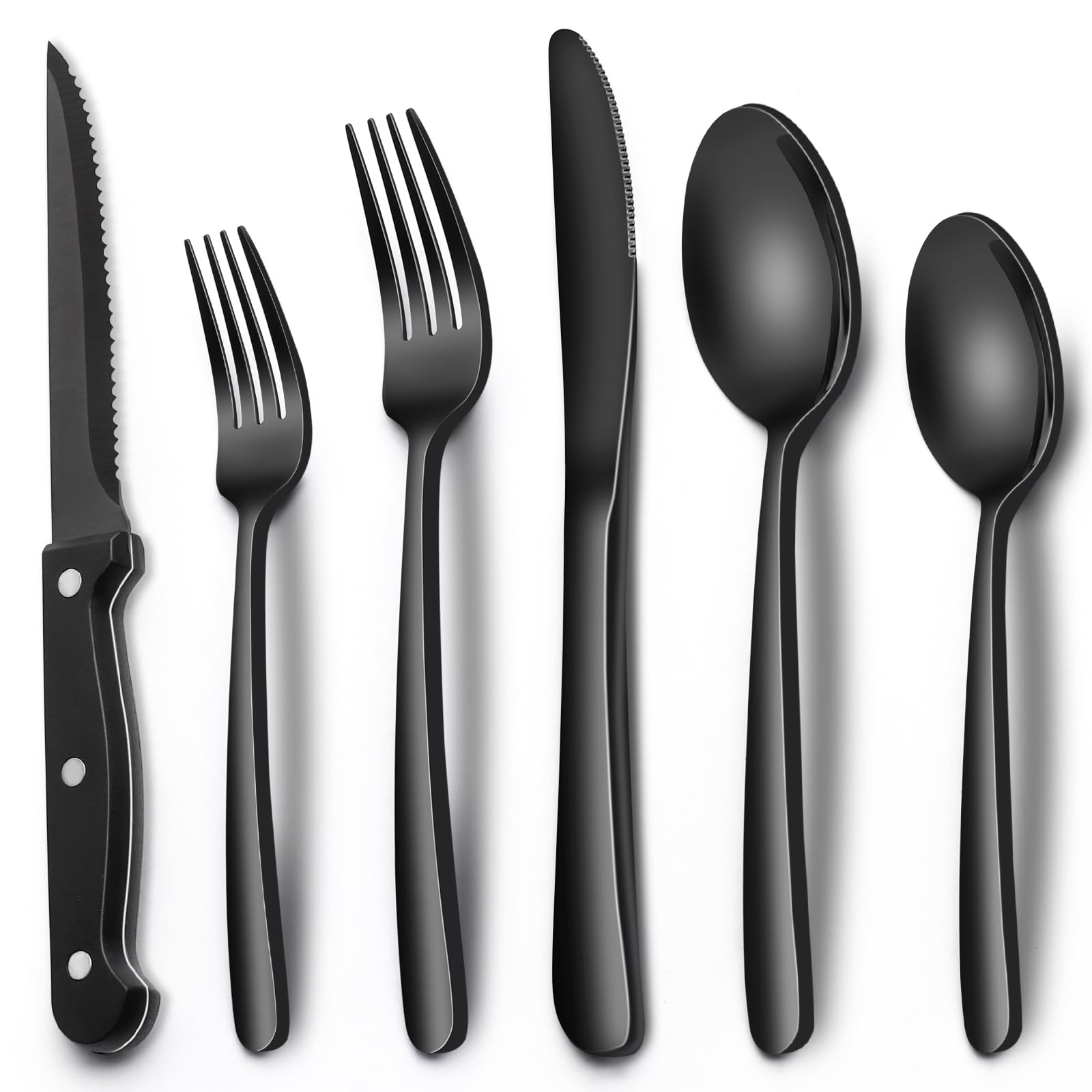 24-Piece Black Silverware Set with Steak Knives, Black Flatware Set for 4, Food-Grade Stainless Steel Tableware Cutlery Set, Mirror Finished Utensil Sets for Home Restaurant
